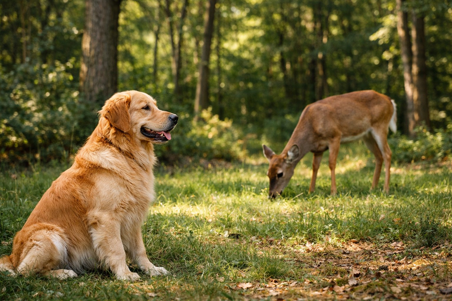 A golden retriever dog sitting calmly near a wild deer grazing in a green forest clearing.