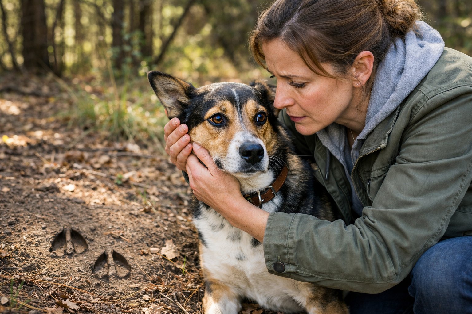 A person gently examining their dog outdoors near deer tracks in a forested area.
