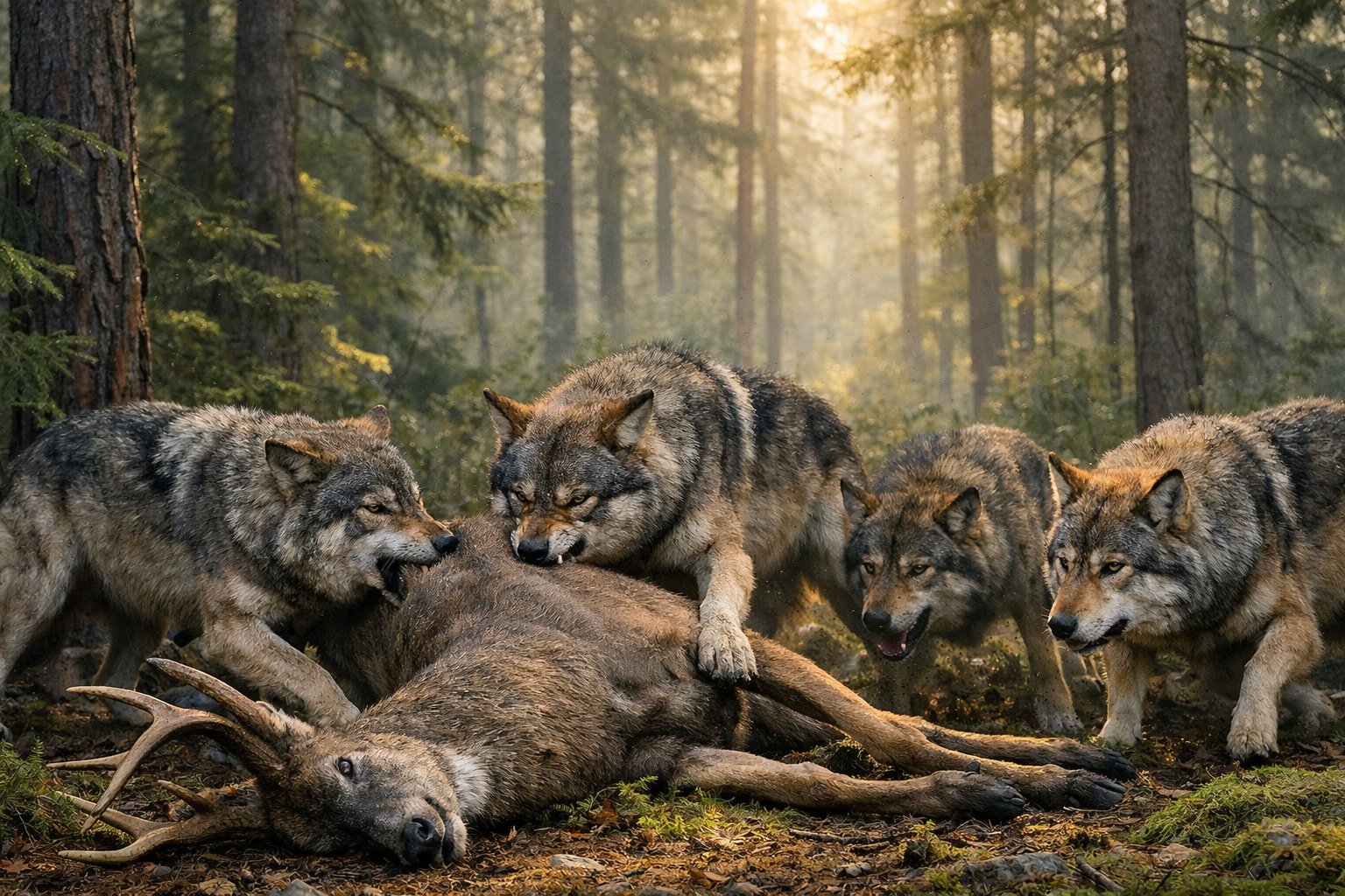 A pack of wolves surrounding a fallen deer in a forest during early morning.