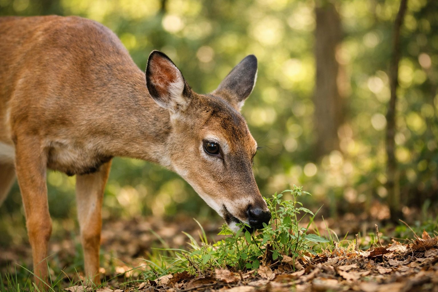 A deer standing in a forest, nibbling on plants with trees and sunlight in the background.
