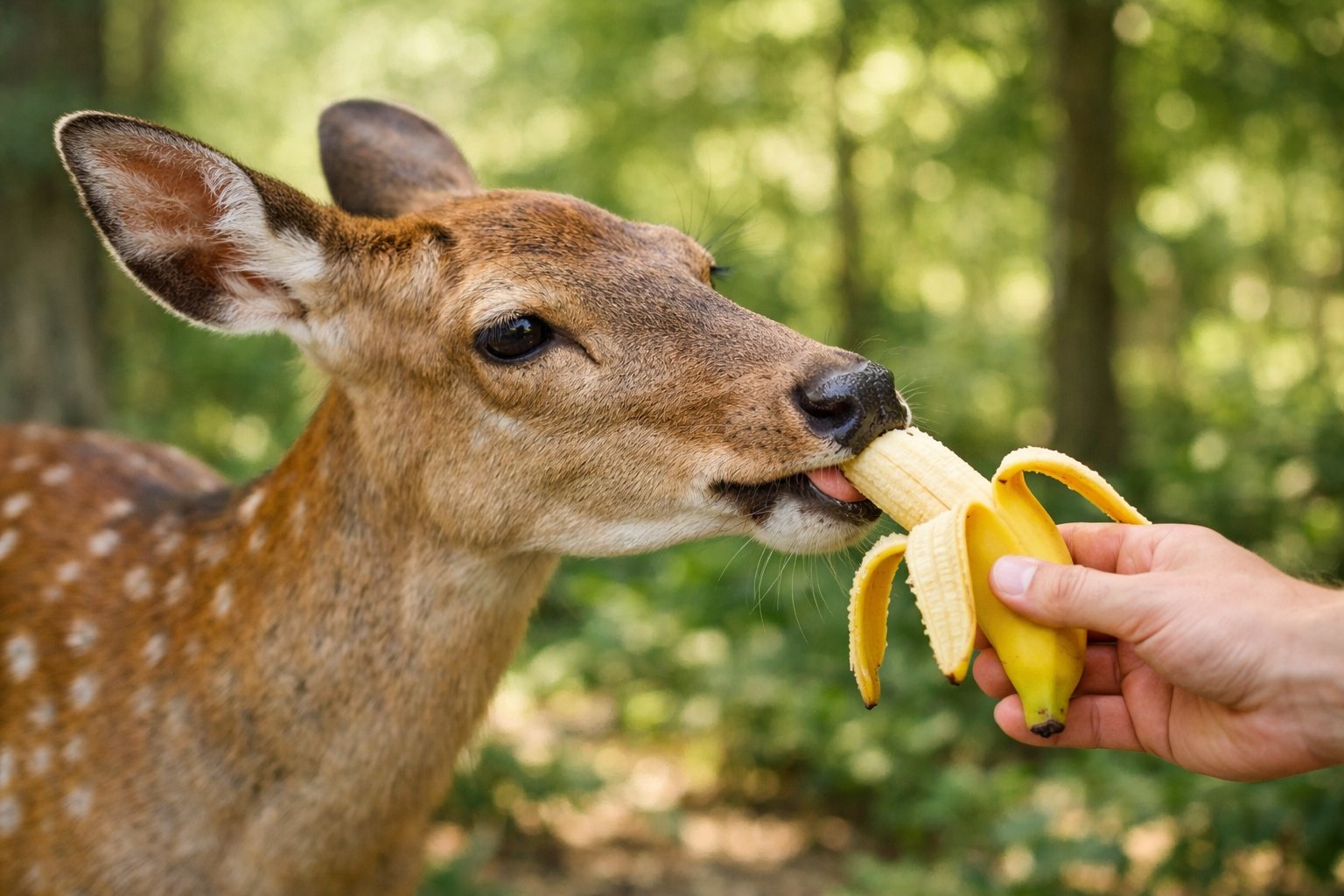 A deer in a forest eating a banana held by a person.