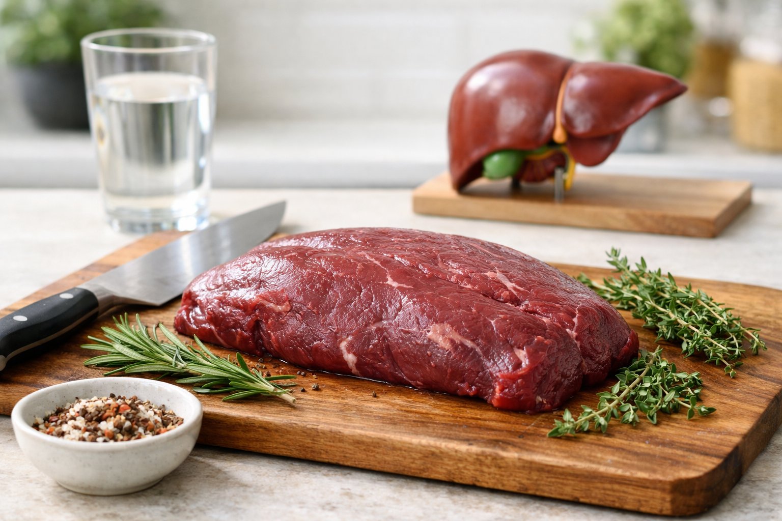 A piece of raw deer meat on a cutting board with herbs and a knife in a kitchen, with a liver model visible in the background.