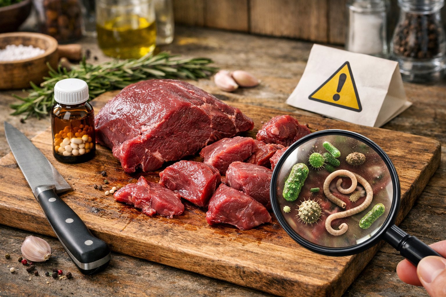 A kitchen scene with raw deer meat on a cutting board alongside a bottle, a warning symbol, and a magnifying glass showing bacteria.
