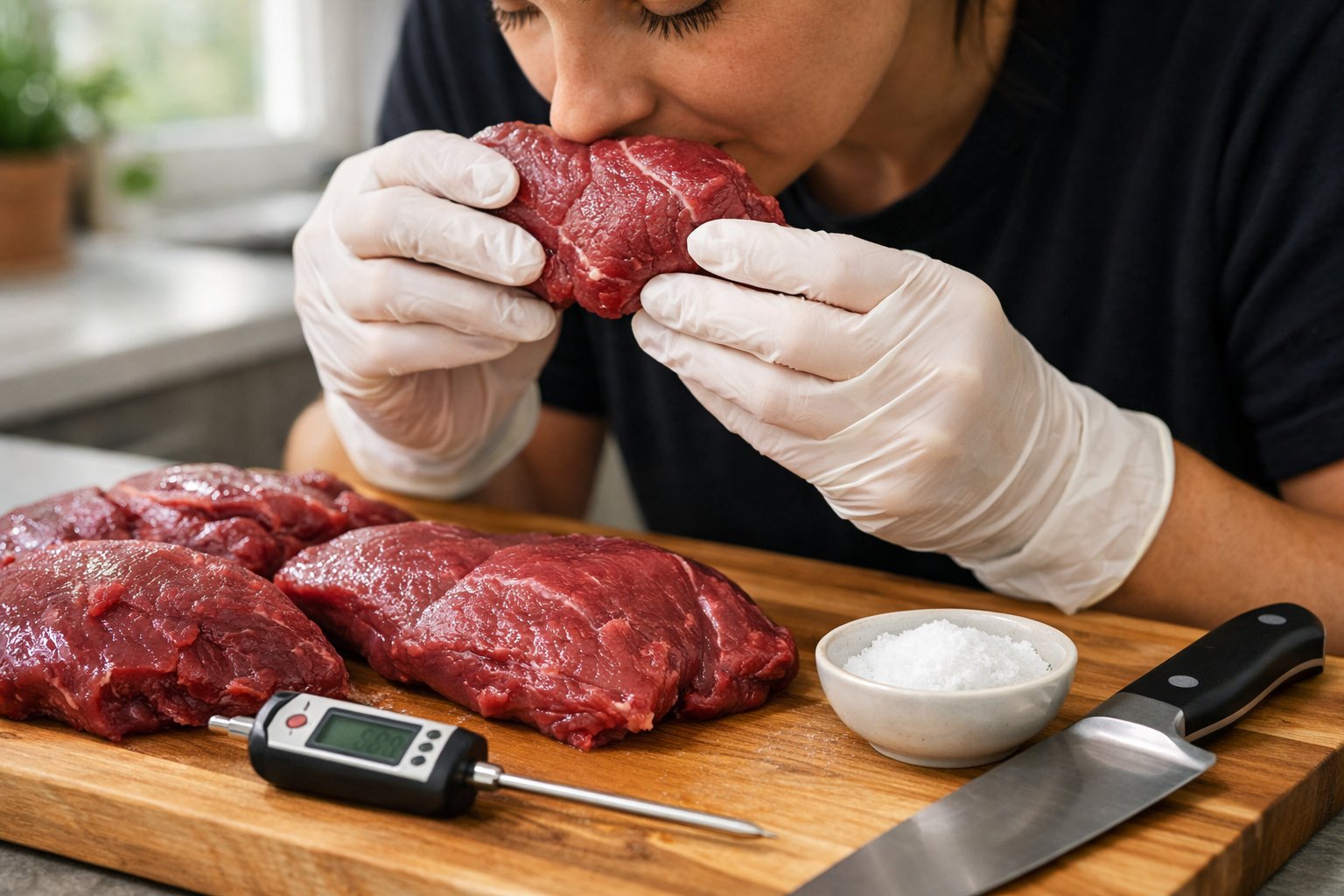 Person inspecting raw deer meat on a cutting board in a kitchen, holding a piece close to their nose while wearing gloves.