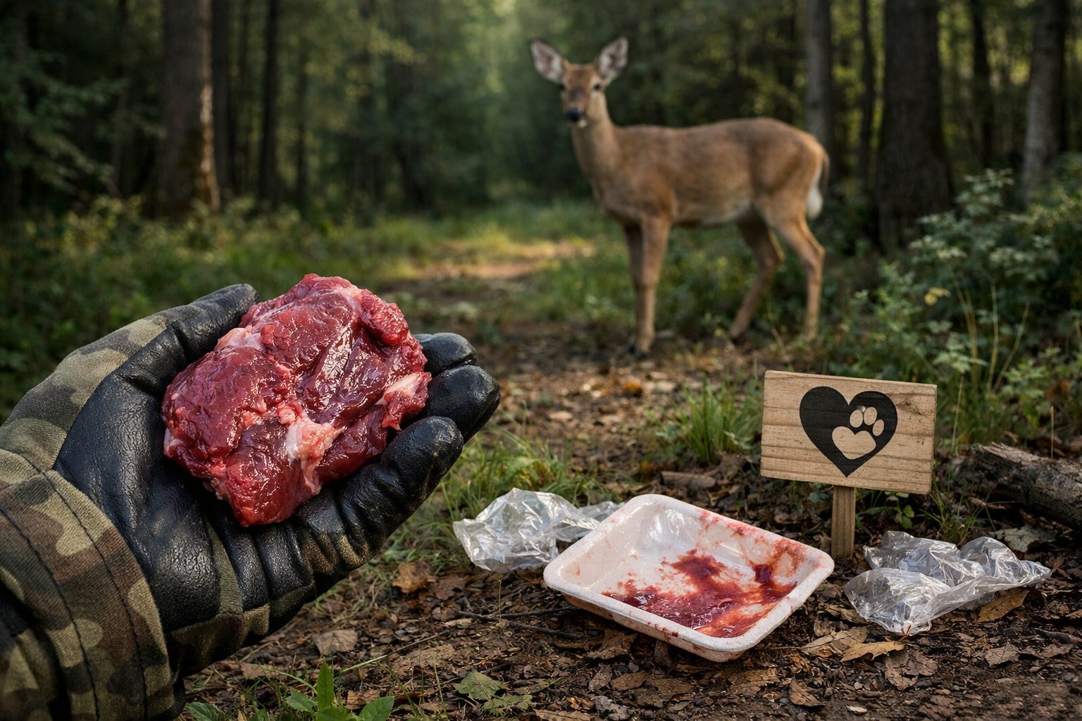 A deer standing cautiously in a forest clearing with a person holding a small portion of raw deer meat nearby and discarded packaging on the ground.