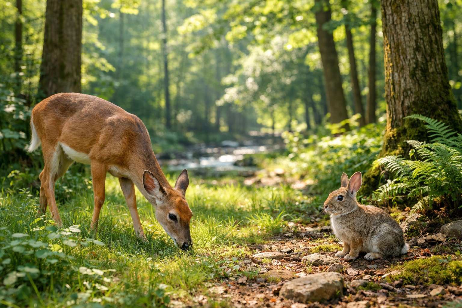 A deer grazing near a rabbit sitting on the forest floor in a peaceful woodland setting.