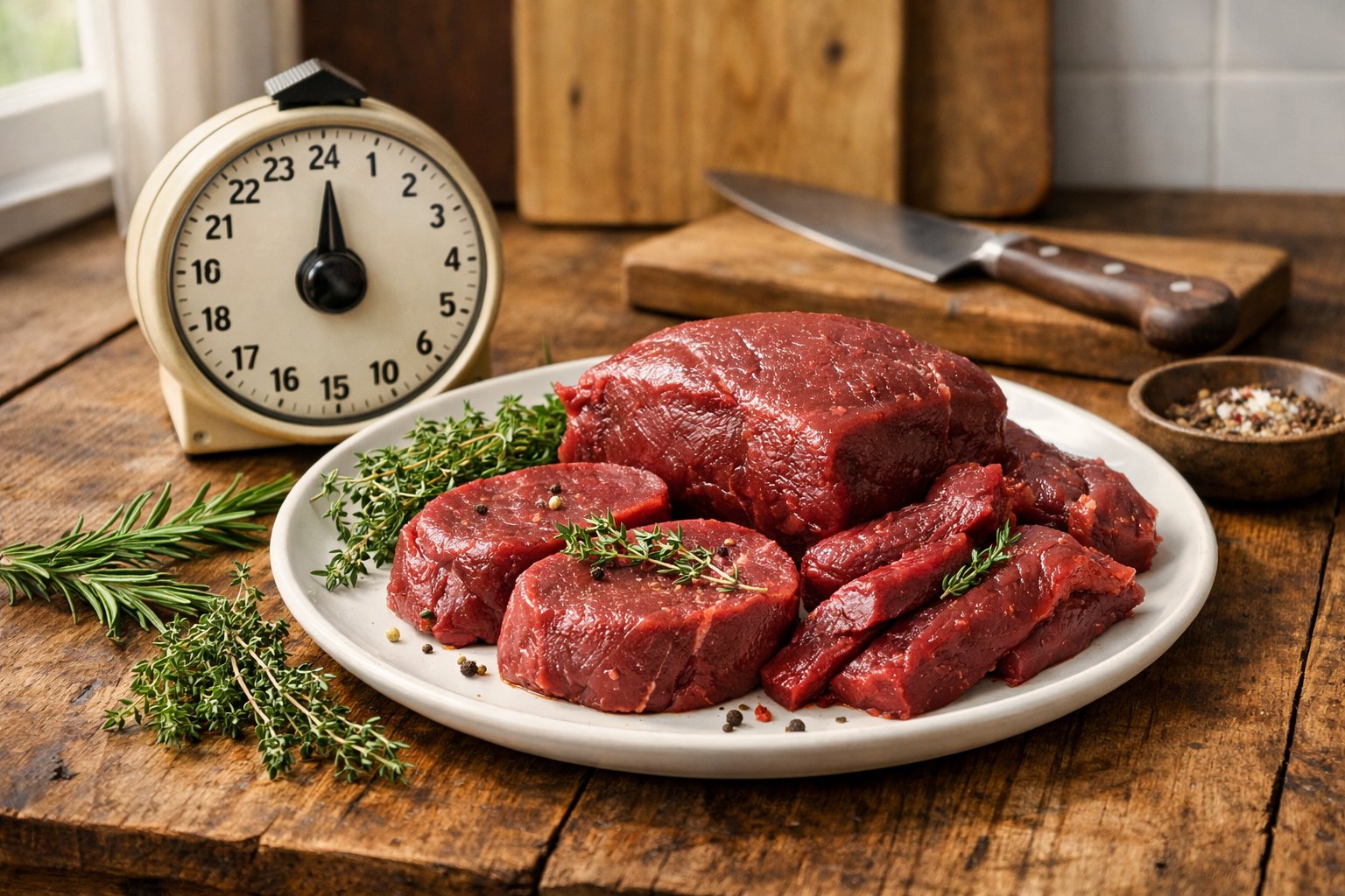 A plate of fresh venison meat with herbs on a wooden table in a kitchen setting.