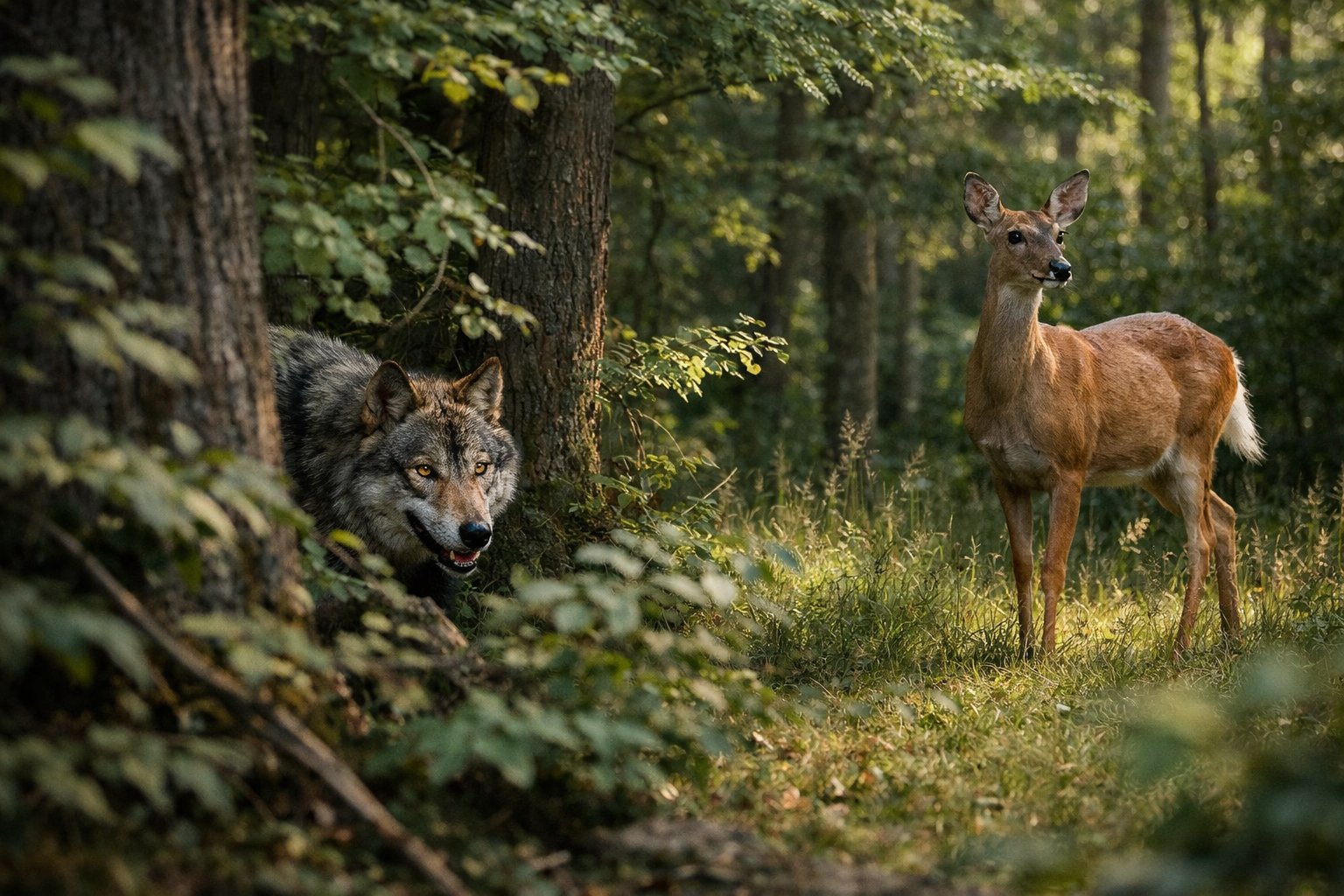 A wild predator stalking a deer in a forest with trees and greenery.