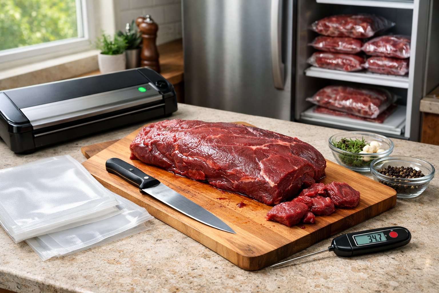 A person preparing fresh deer meat on a kitchen countertop with tools for preservation and a refrigerator with wrapped meat in the background.