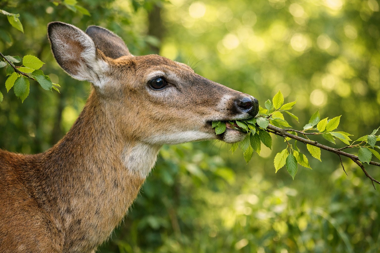A deer eating fresh green leaves from a low branch in a forest.