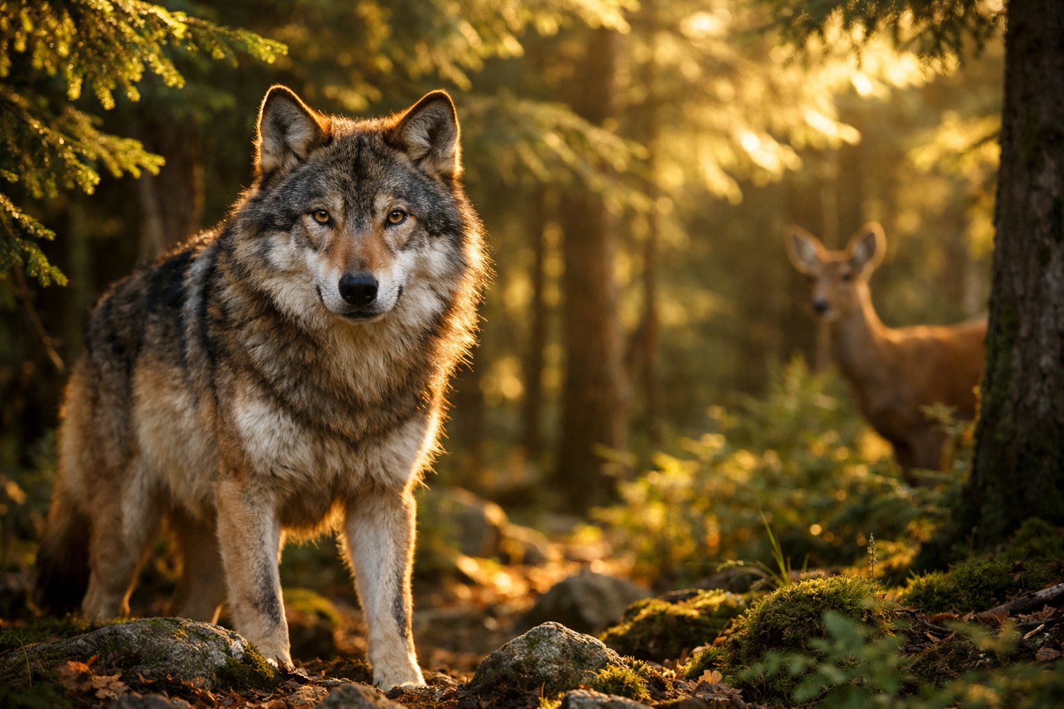 A wolf standing alert in a forest with a deer partially visible in the background among trees.