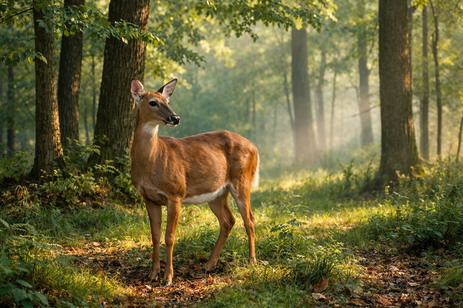 An adult deer standing in a peaceful forest surrounded by trees and greenery in soft morning light.