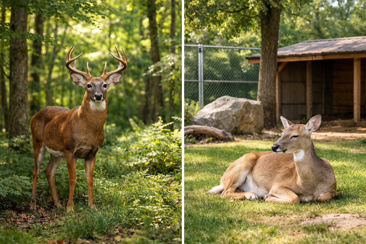A healthy adult deer standing in a sunlit forest next to a deer inside a spacious enclosure with grass and trees.