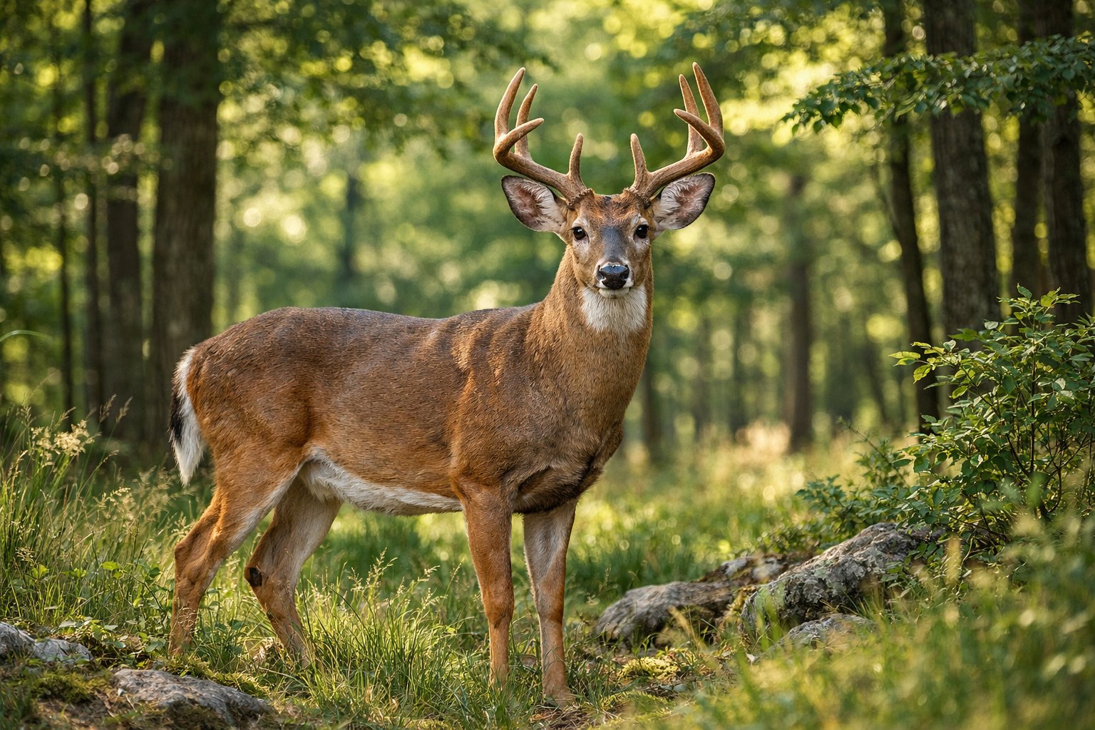 An adult deer standing alert in a green forest with sunlight filtering through the trees.