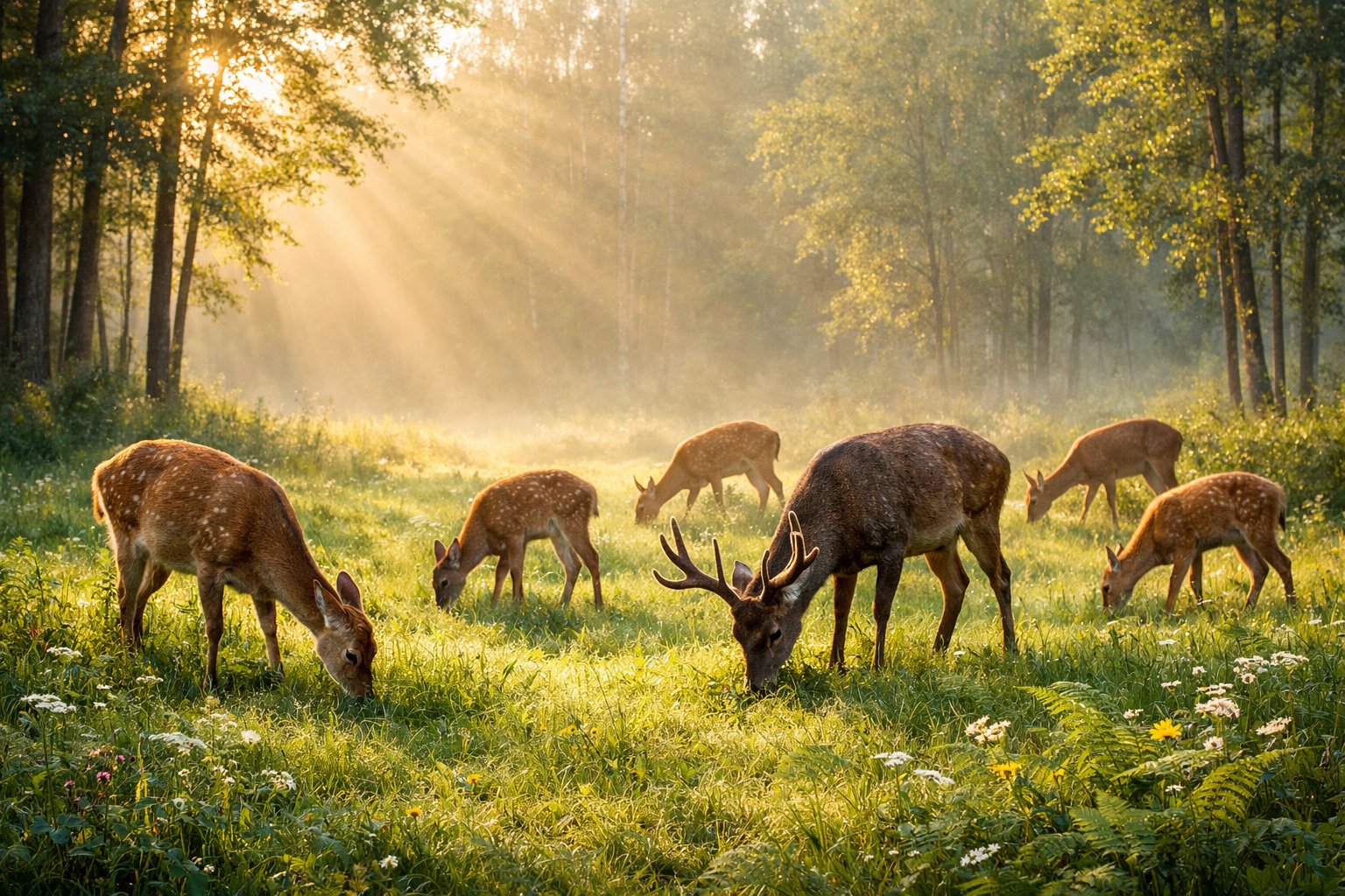 A group of deer grazing quietly in a sunlit forest meadow during early morning.