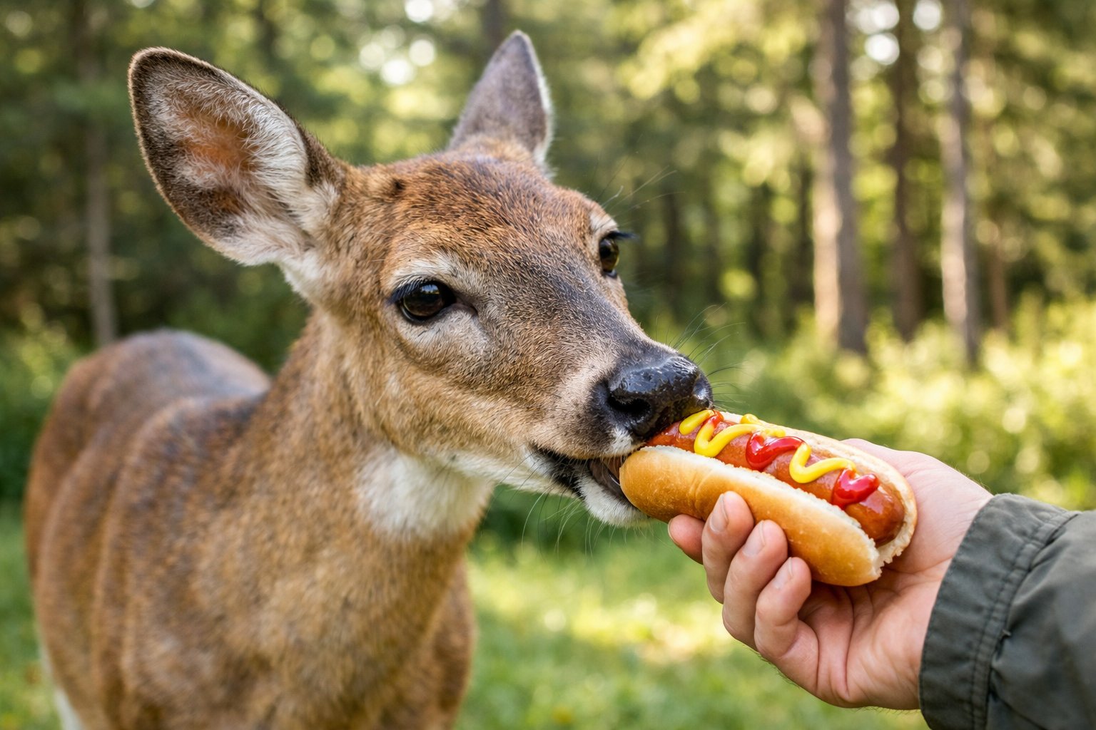 A deer eating a hot dog held by a person in a forest clearing.