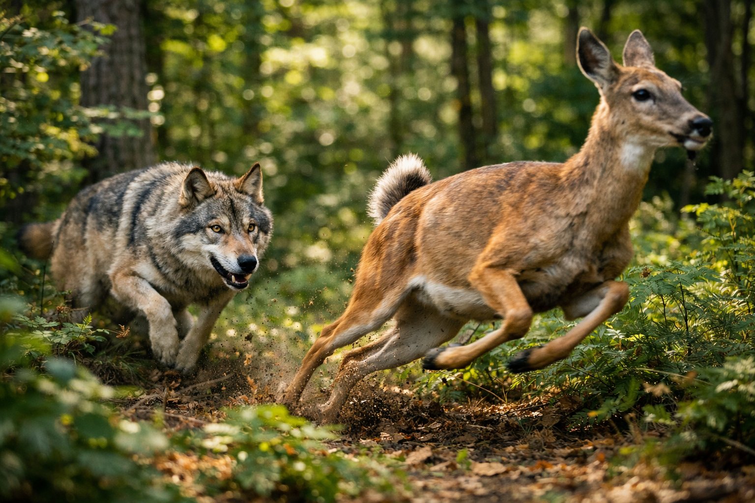 A gray wolf chasing a deer through a dense green forest during the day.