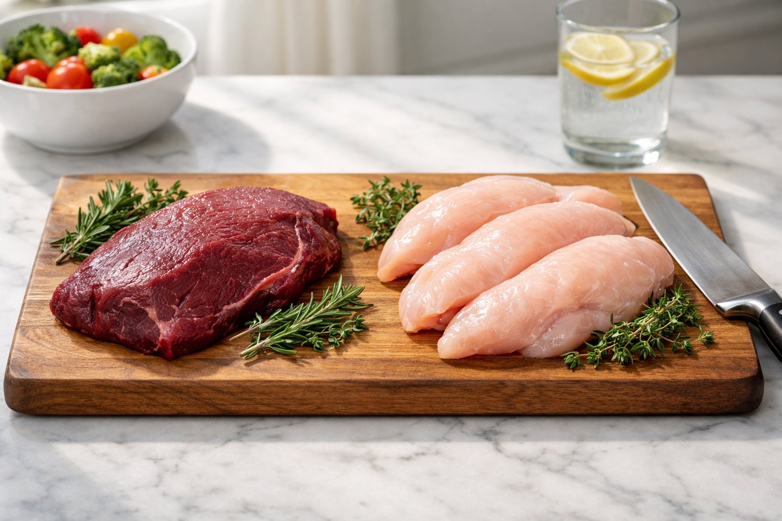 Raw venison steak and raw chicken breasts on a wooden cutting board in a bright kitchen setting with fresh herbs and kitchen utensils nearby.