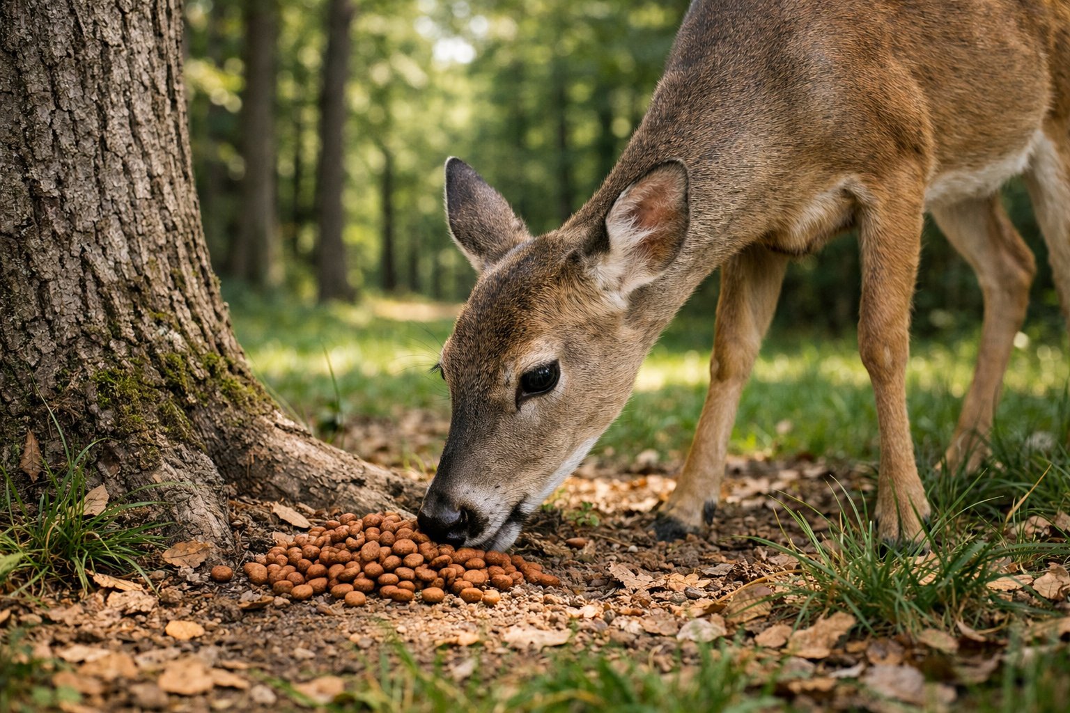 A wild deer eating dry dog food scattered on the ground in a forest clearing.