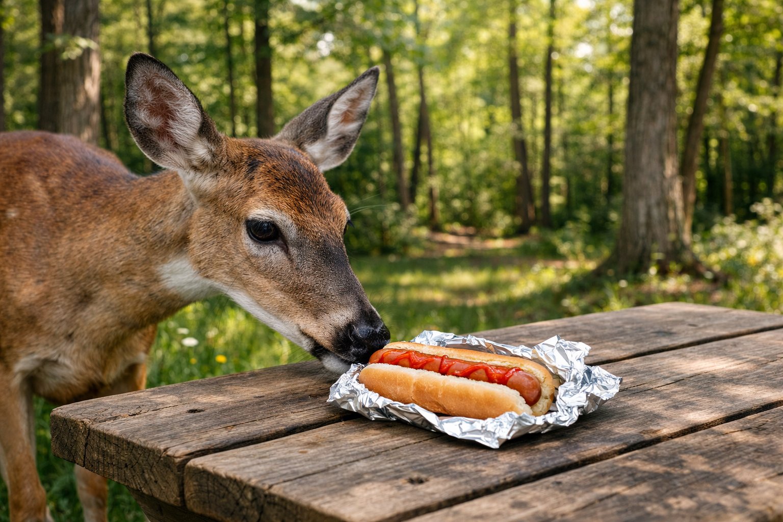 A deer in a forest clearing sniffing a hot dog on a wooden picnic table.