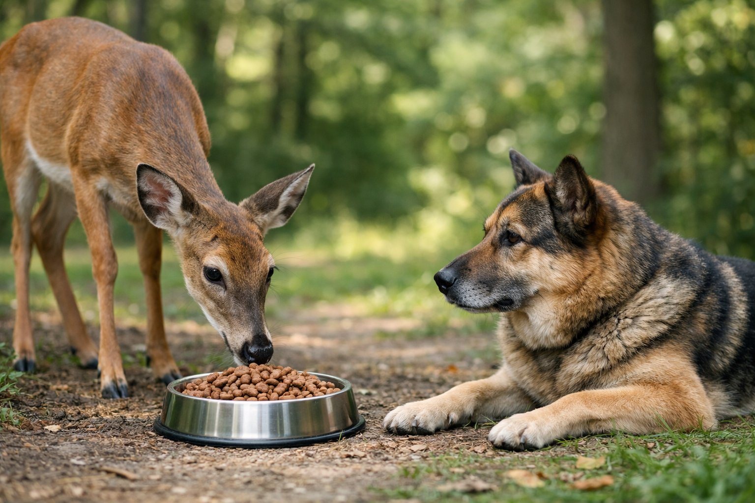 A deer cautiously approaches a bowl of dog food while a dog watches nearby in a green outdoor setting.