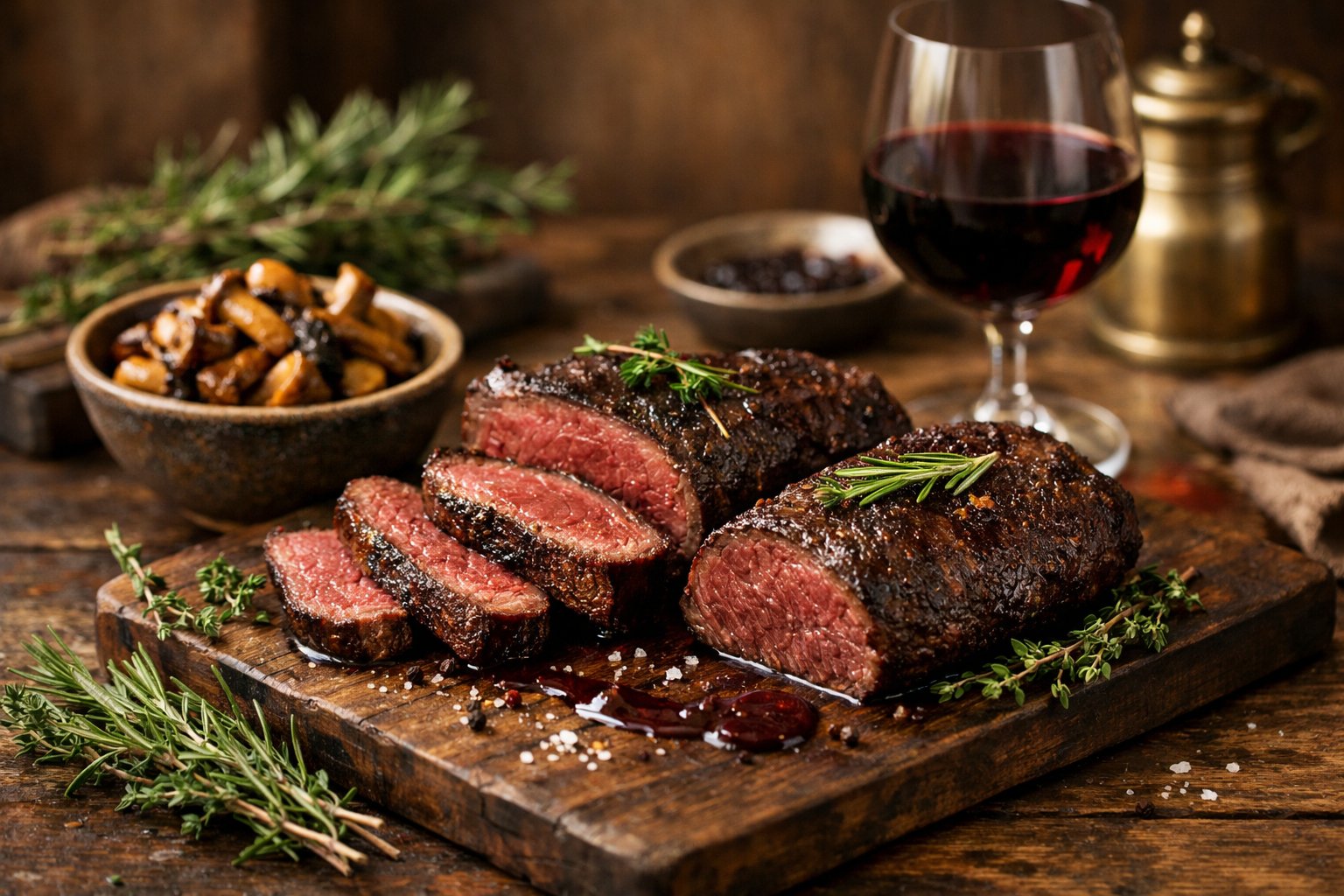 A cooked venison steak served on a wooden table with herbs, mushrooms, and a glass of red wine.