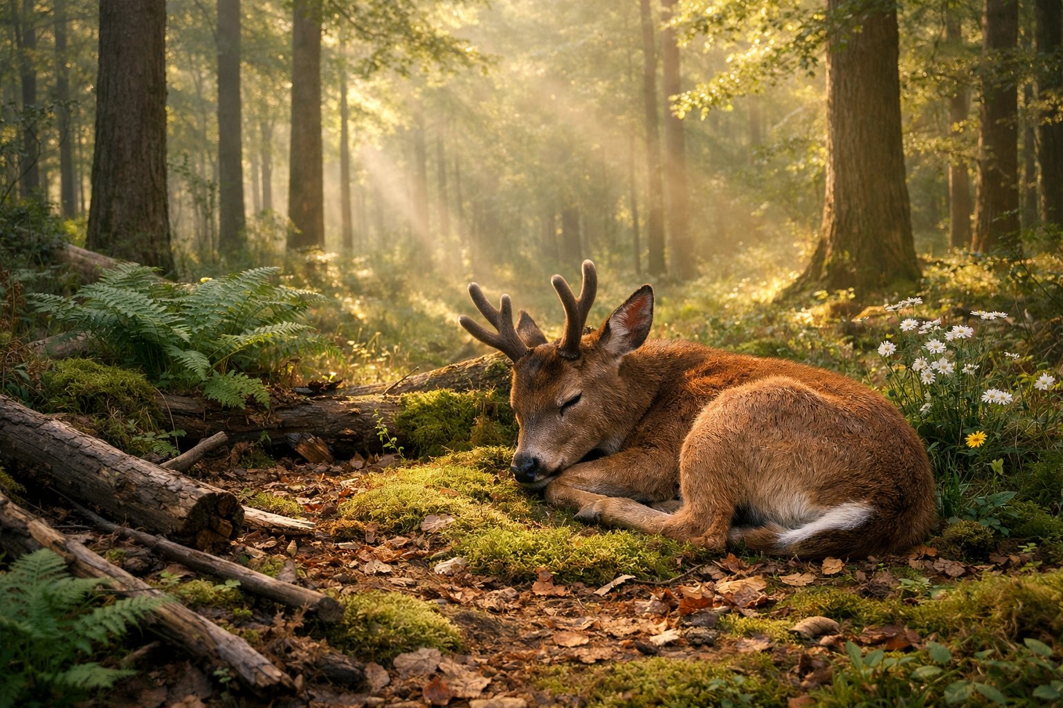 A deer resting on the forest floor surrounded by trees and plants in a peaceful woodland clearing.
