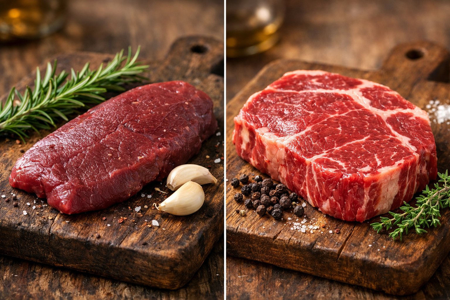 A close-up view of raw venison steak on a wooden board with herbs next to raw beef steak on another wooden board, both displayed side by side.