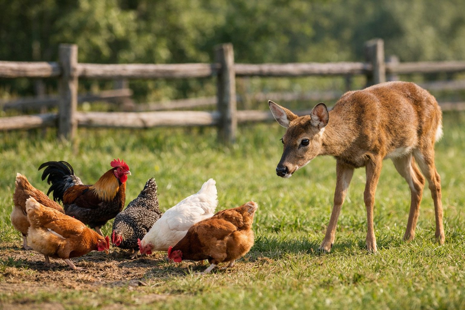 A deer cautiously approaches a group of chickens pecking on the grass in a farmyard.