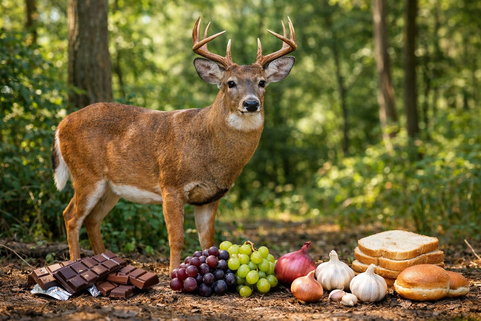 A deer standing in a forest near various human foods that are toxic to it, including chocolate, grapes, onions, garlic, and bread.