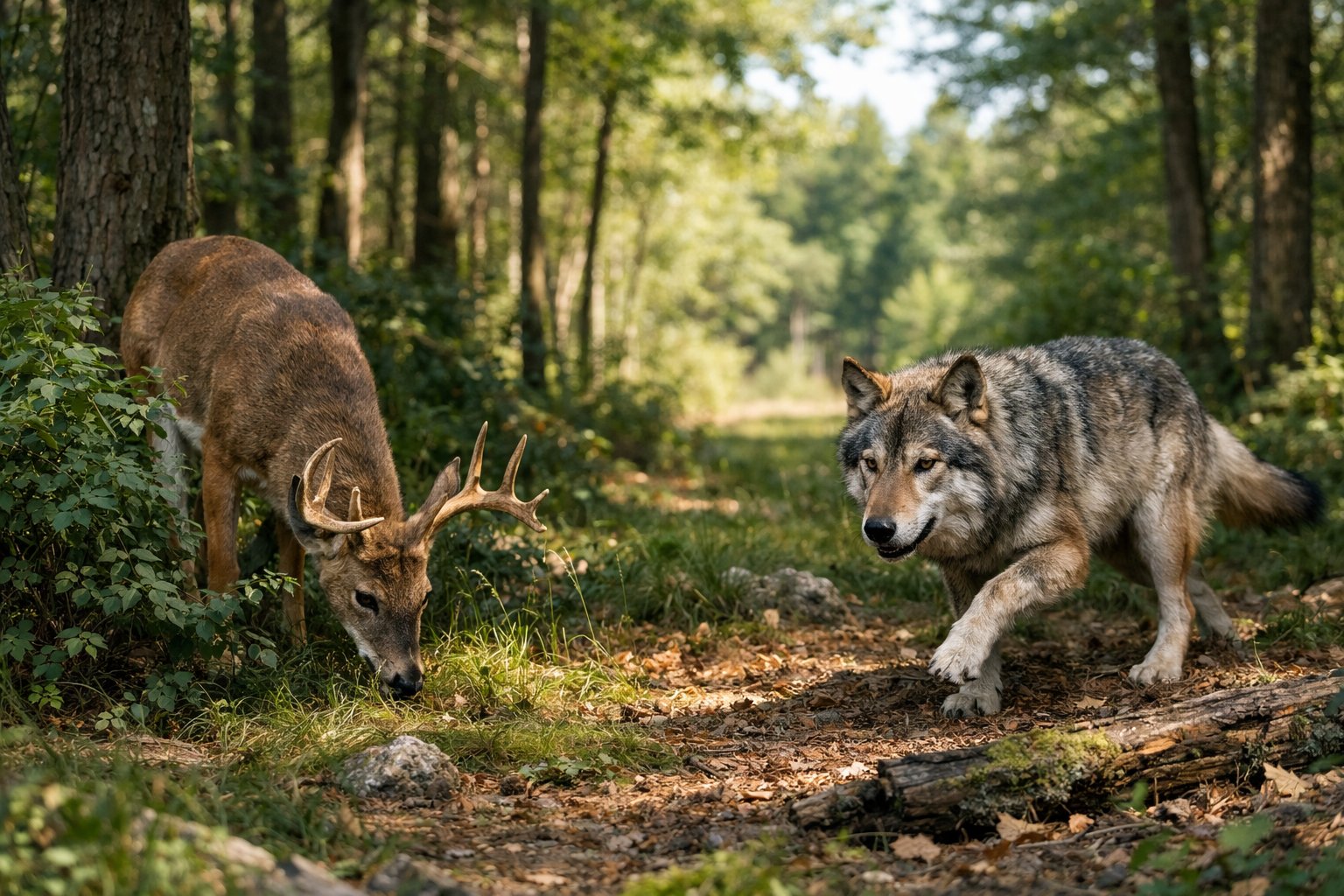 A wolf cautiously approaching a deer in a dense forest with sunlight filtering through the trees.