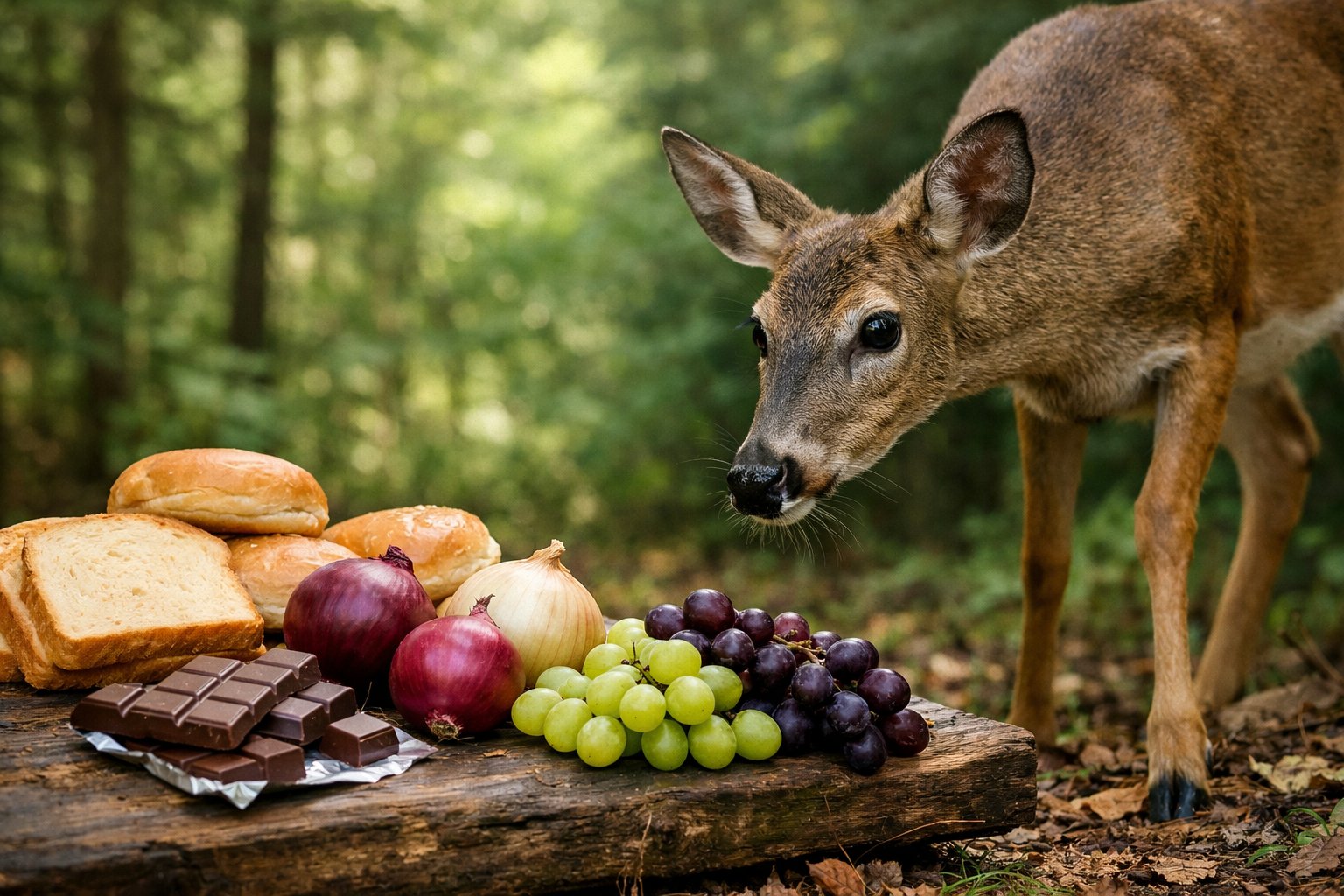 A deer in a forest near various human foods that are toxic to it, such as chocolate, grapes, onions, and bread.
