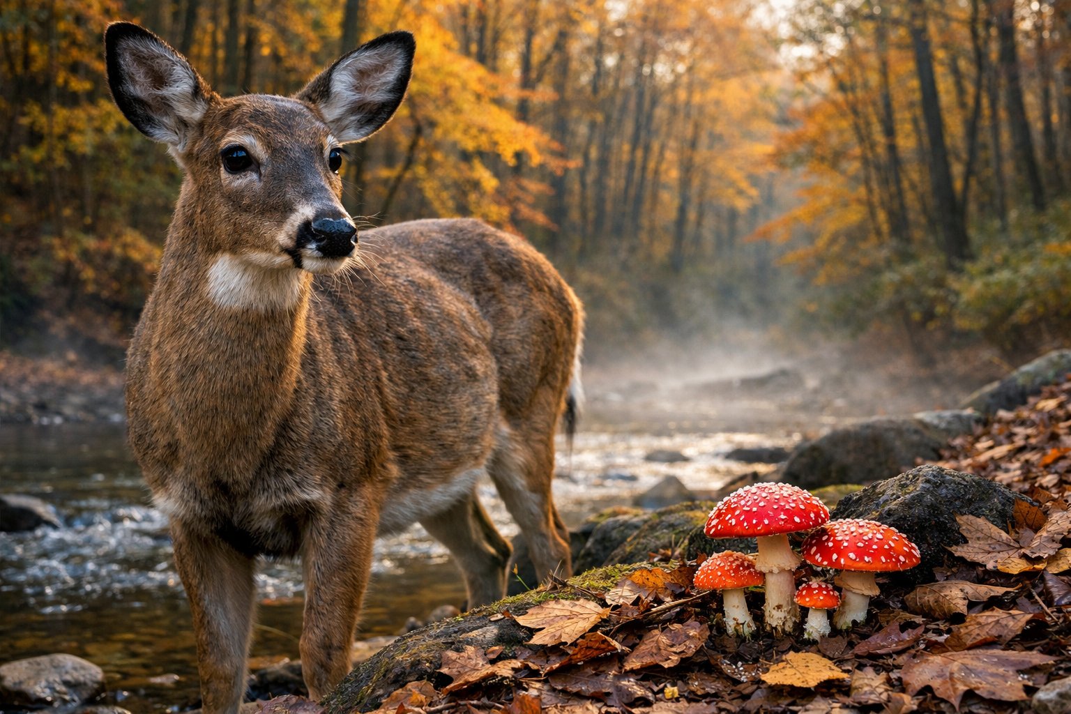 A wild deer standing near a stream in a forest with autumn leaves and some mushrooms on the ground nearby.