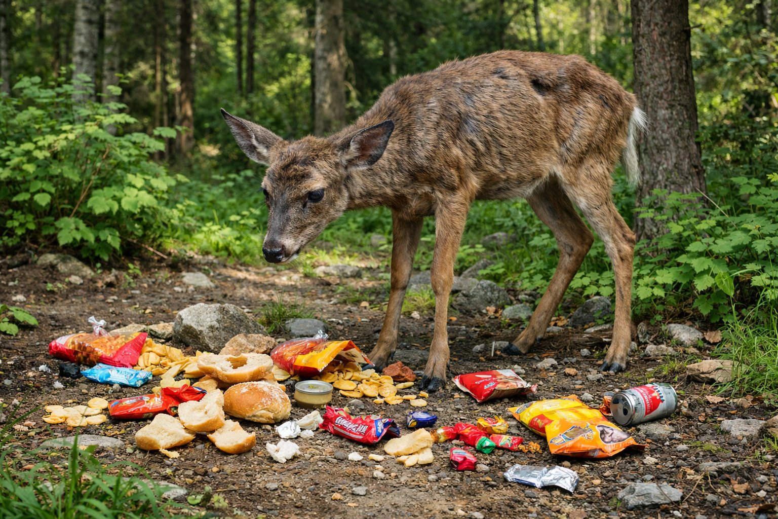 A wild deer in a forest near scattered human food waste, looking unhealthy.