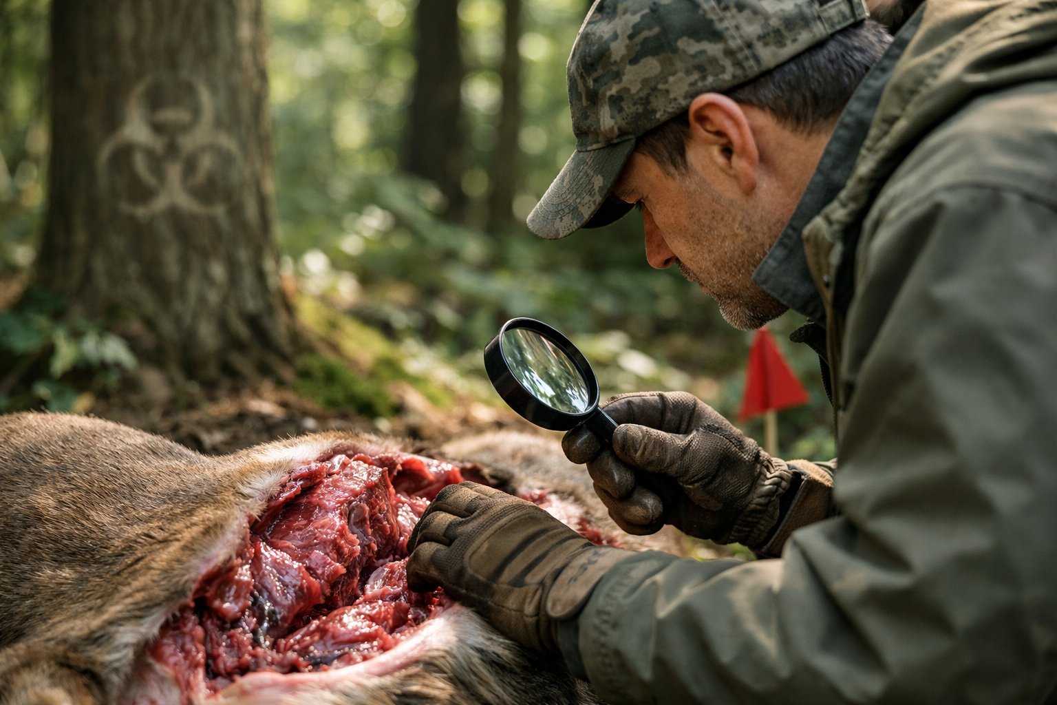 A person in outdoor gear inspecting a deer carcass in a forest, showing caution about eating deer.