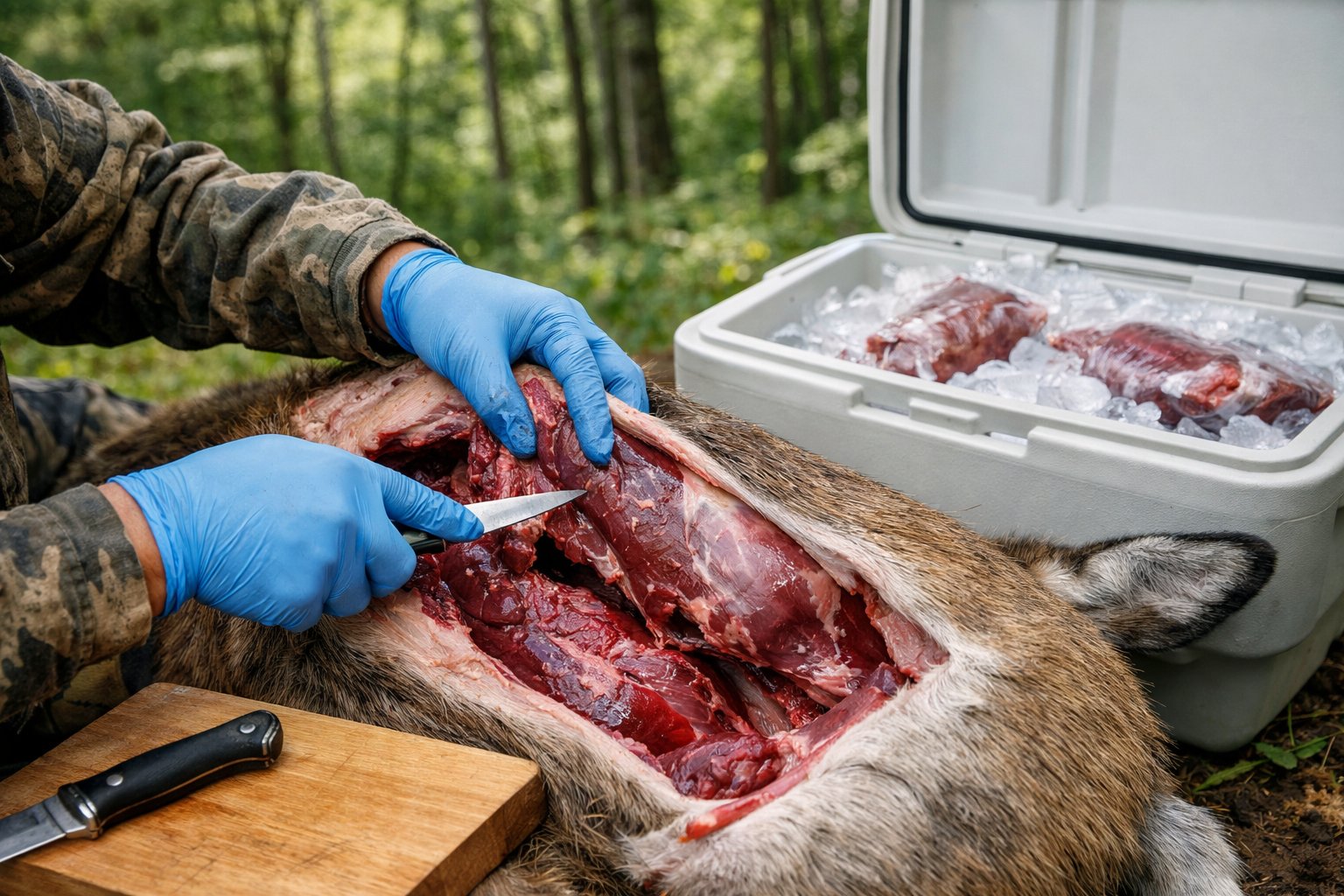 Person outdoors inspecting a deer carcass with gloves, surrounded by forest and equipment for safe meat handling.