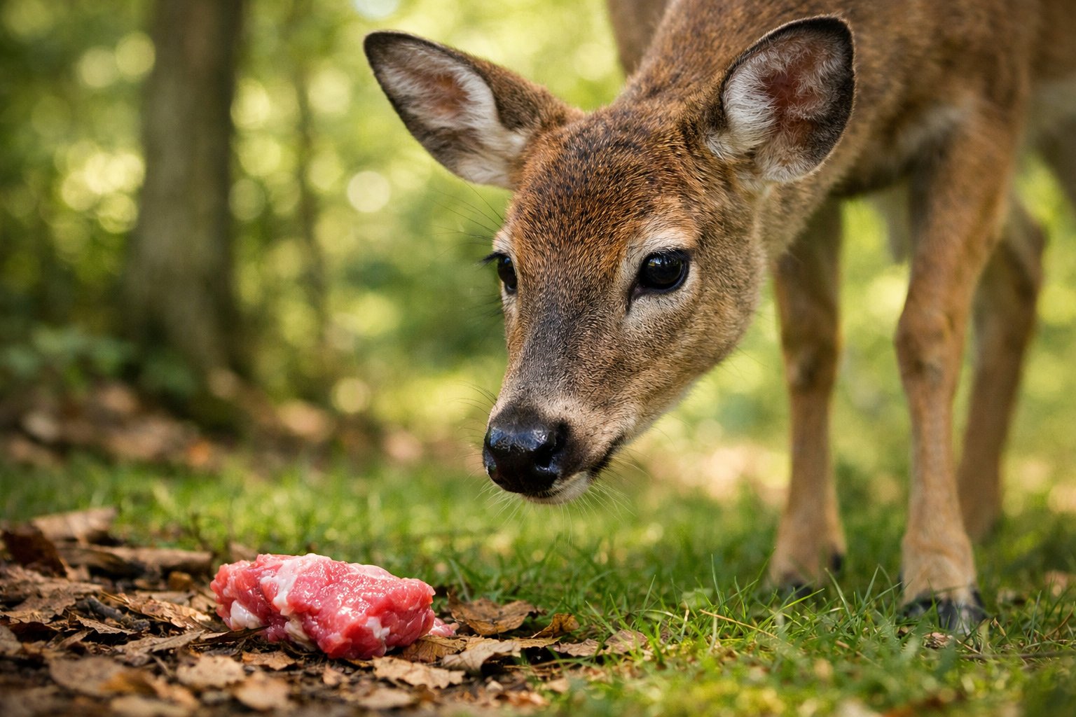 A deer standing in a forest looking at a piece of raw meat on the ground nearby.