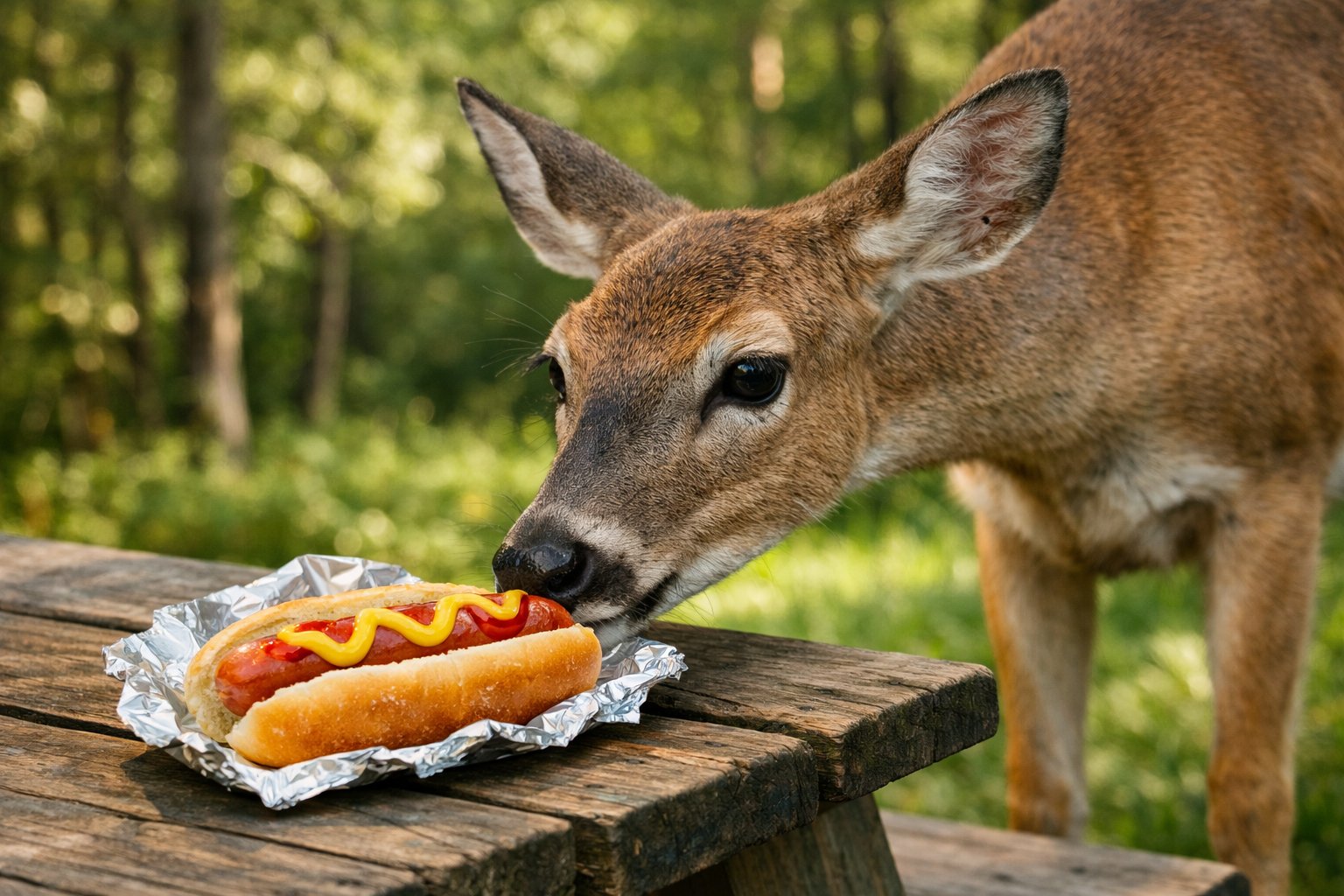 A deer in a forest clearing sniffing a hot dog on a wooden picnic table.