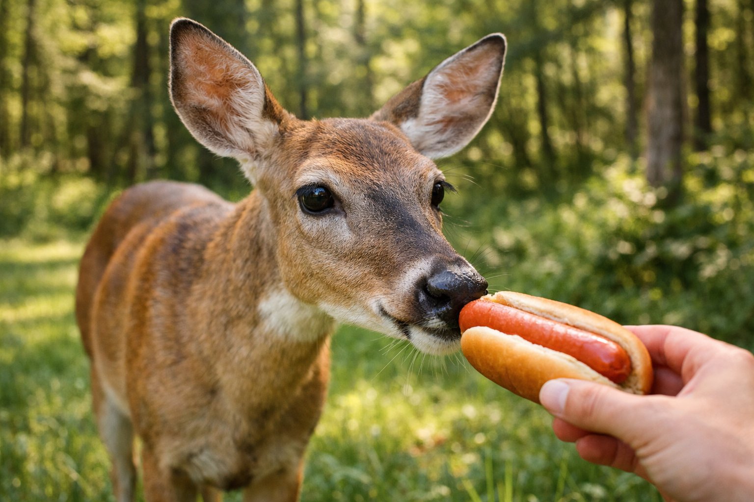 A deer in a forest clearing sniffing a hot dog held by a person.