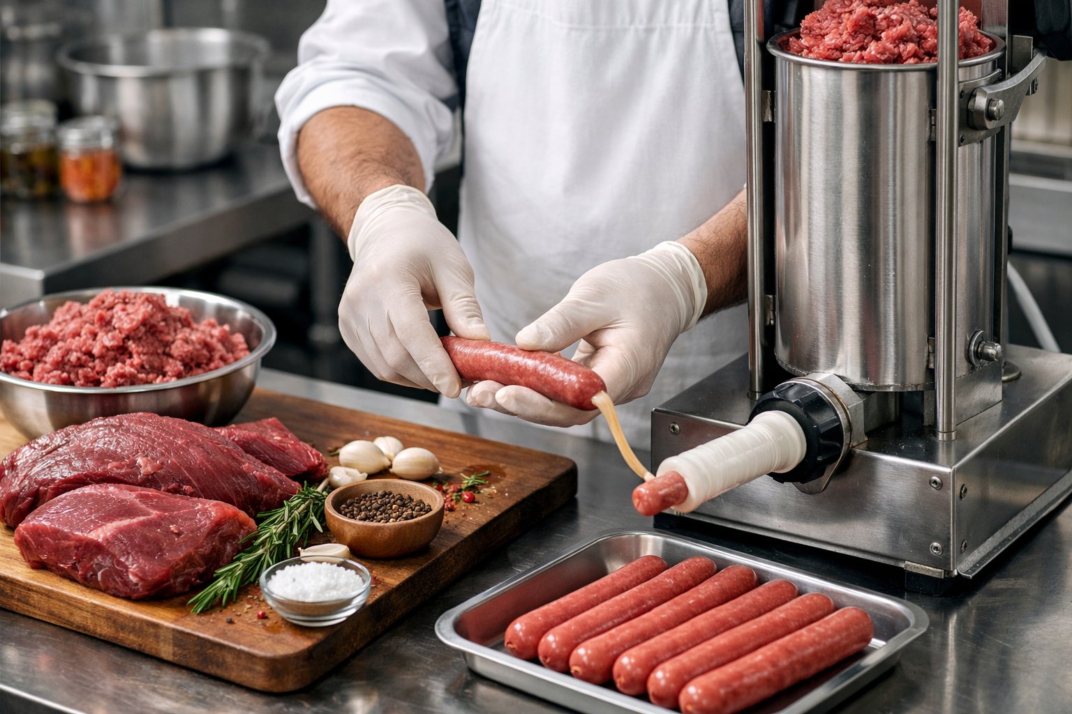 A butcher preparing venison hot dogs by stuffing ground meat into sausage casings in a clean kitchen setting.