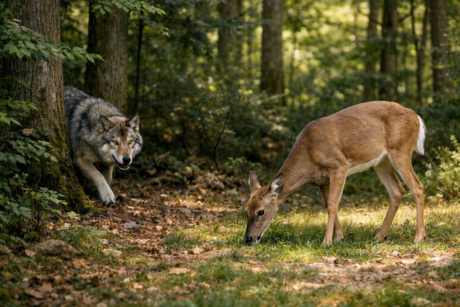 A wolf quietly approaches a grazing deer in a sunlit forest clearing.