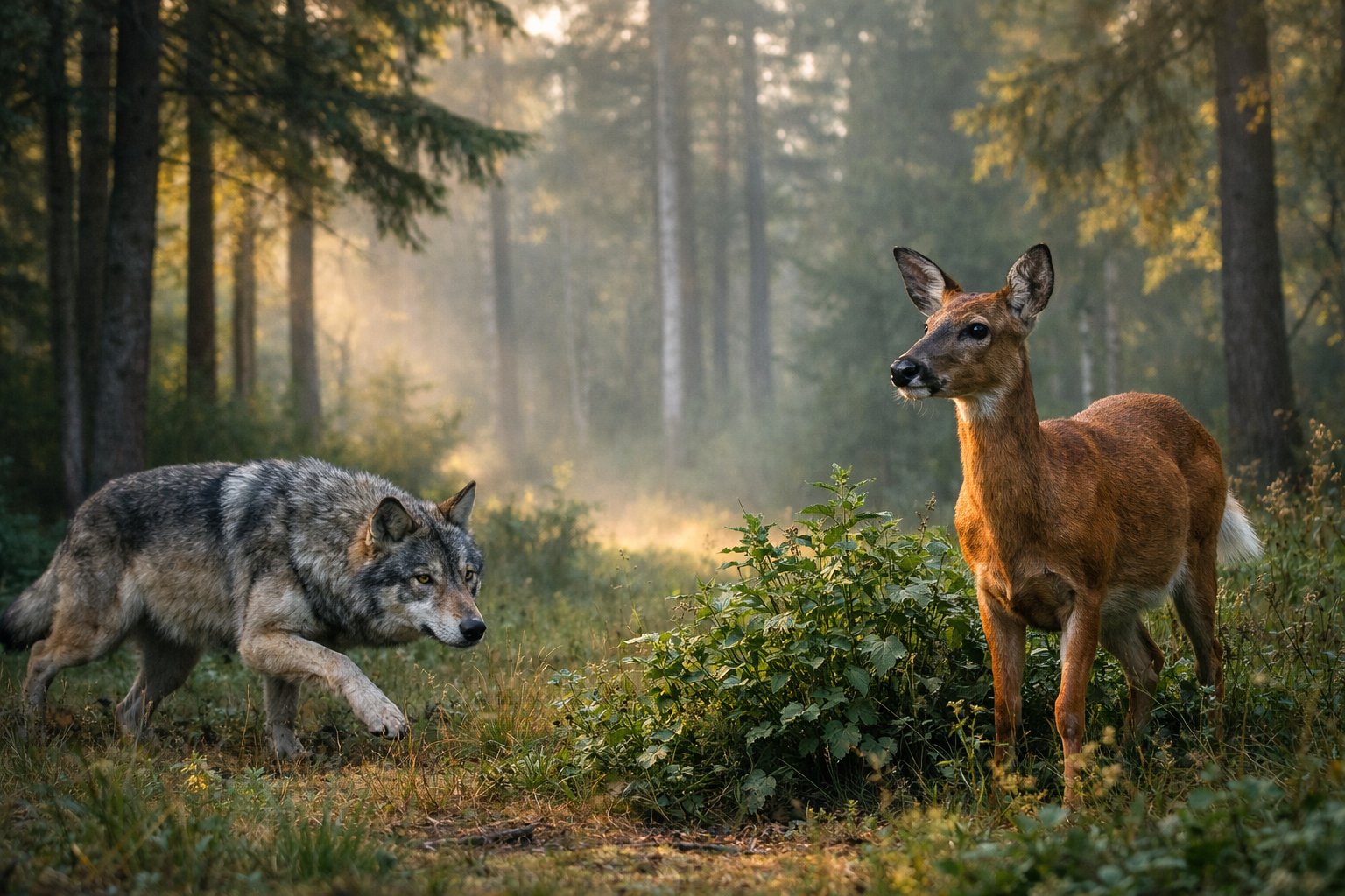 A gray wolf quietly approaching a deer in a misty forest with sunlight filtering through the trees.