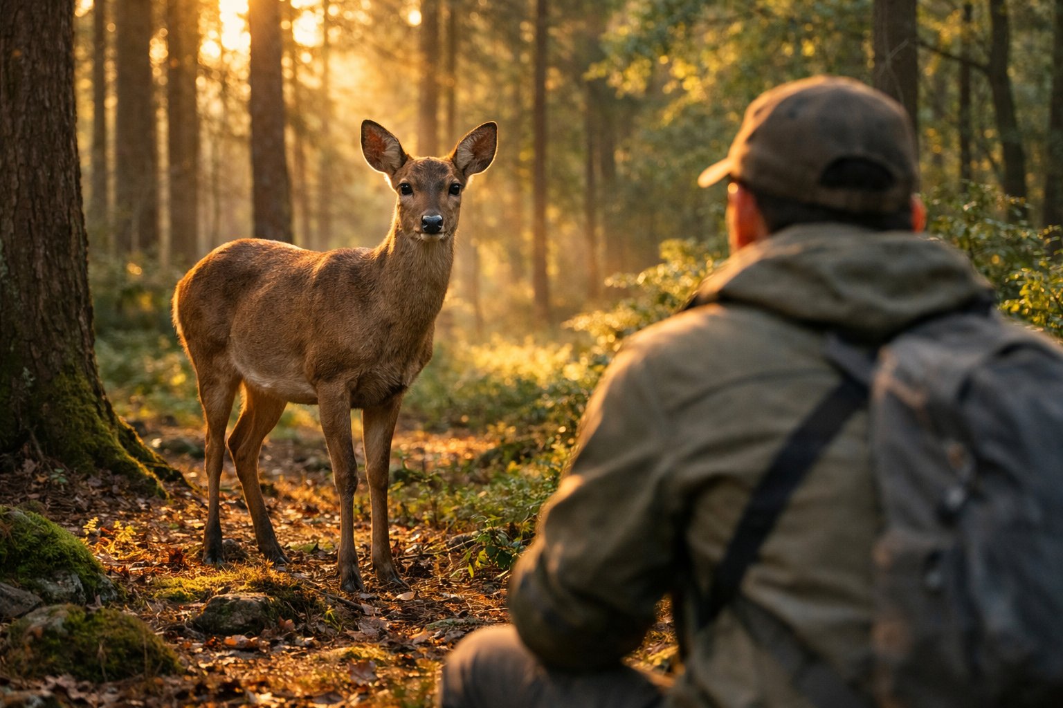 A person kneeling quietly in a forest making eye contact with a calm deer standing nearby.