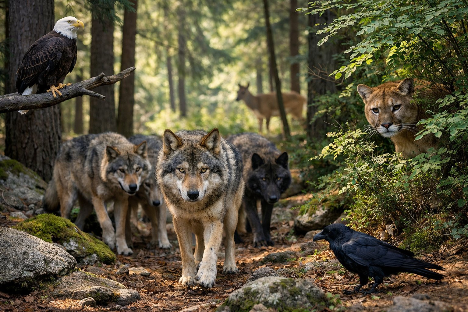 A forest scene showing a wolf pack, a mountain lion, a bald eagle, and a raven near a partially hidden deer.