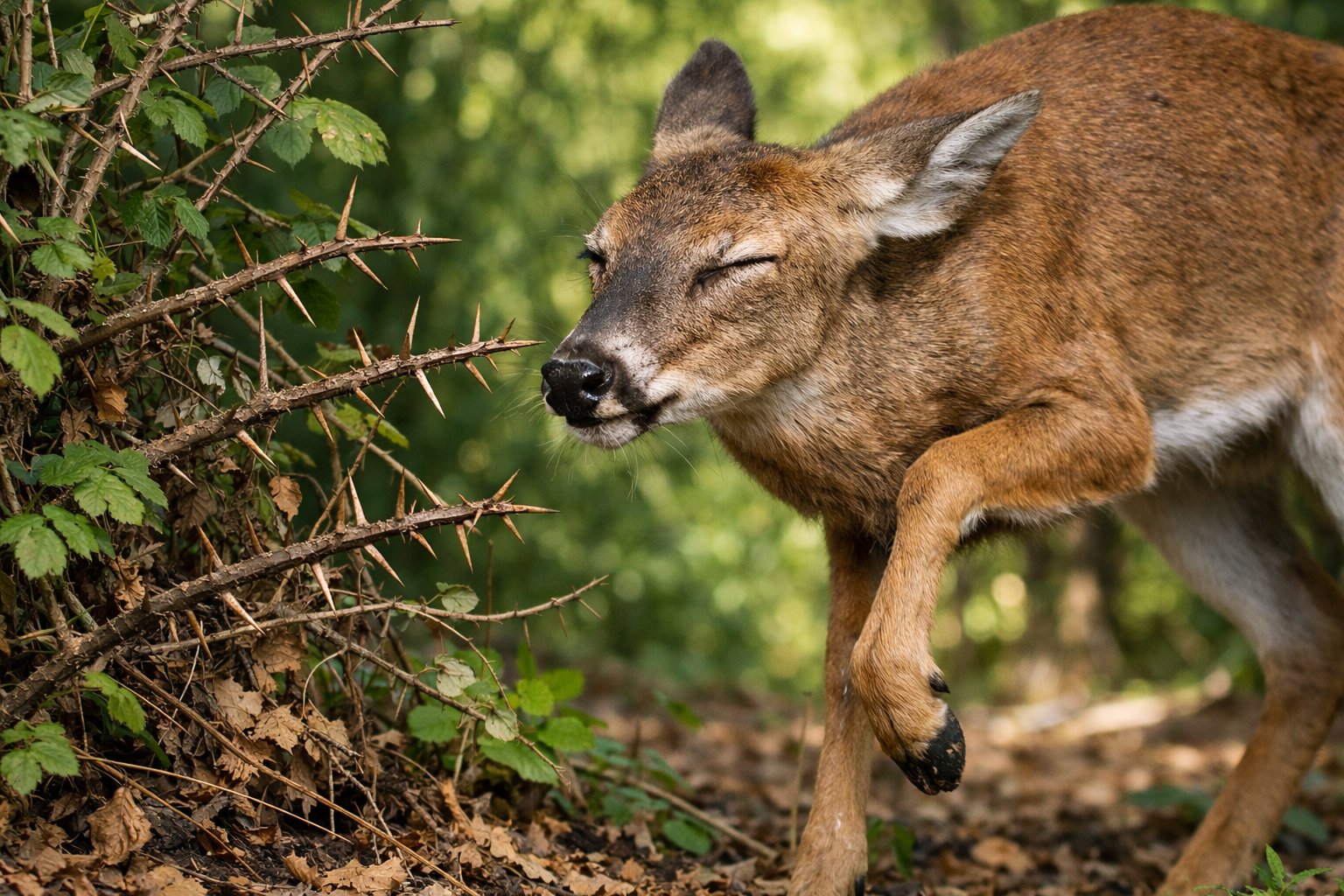 A deer in a forest standing near thorny bushes, showing signs of caution or discomfort.