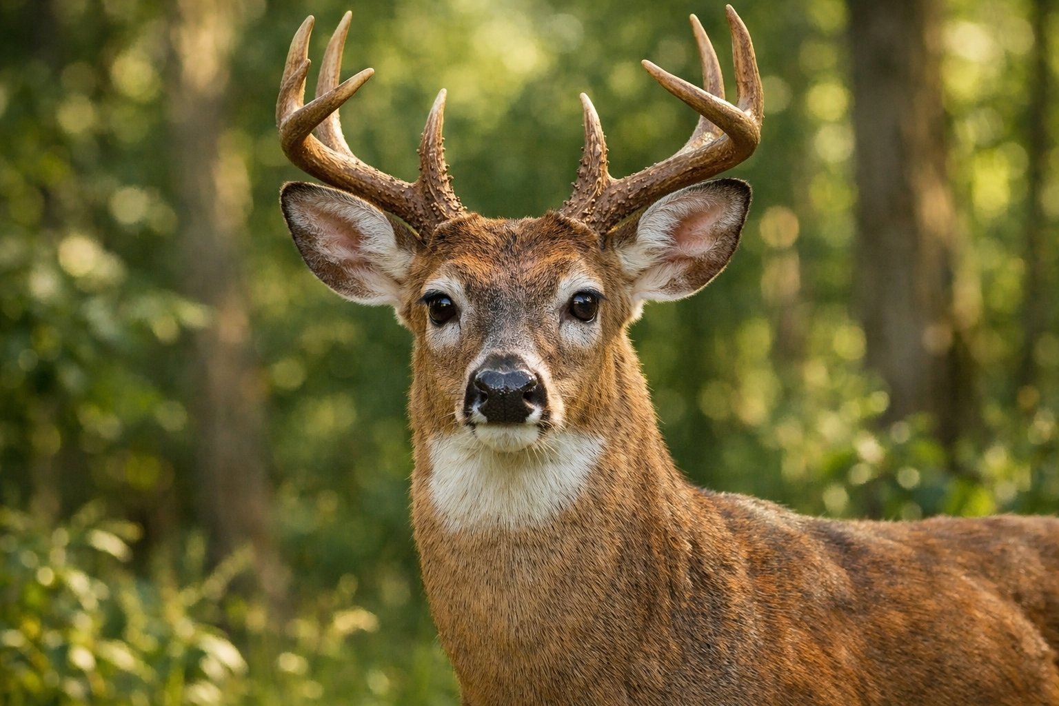A deer standing alert in a green forest with sunlight filtering through the trees.