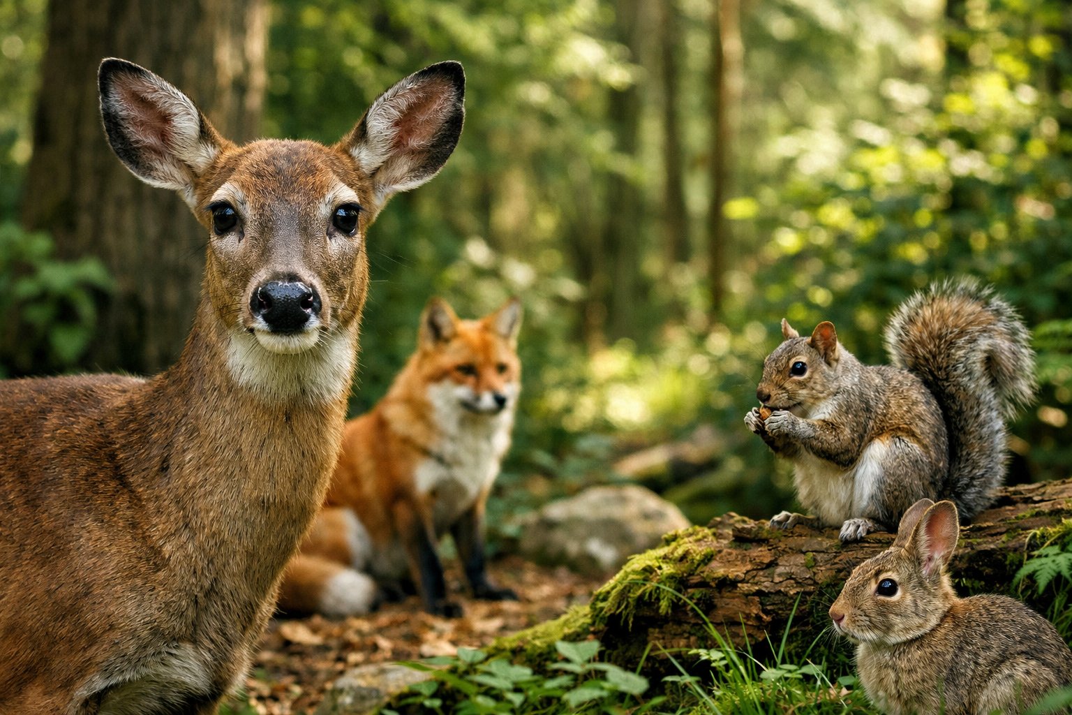 A deer standing alert in a green forest with a fox, squirrel, and rabbit nearby, all appearing attentive.