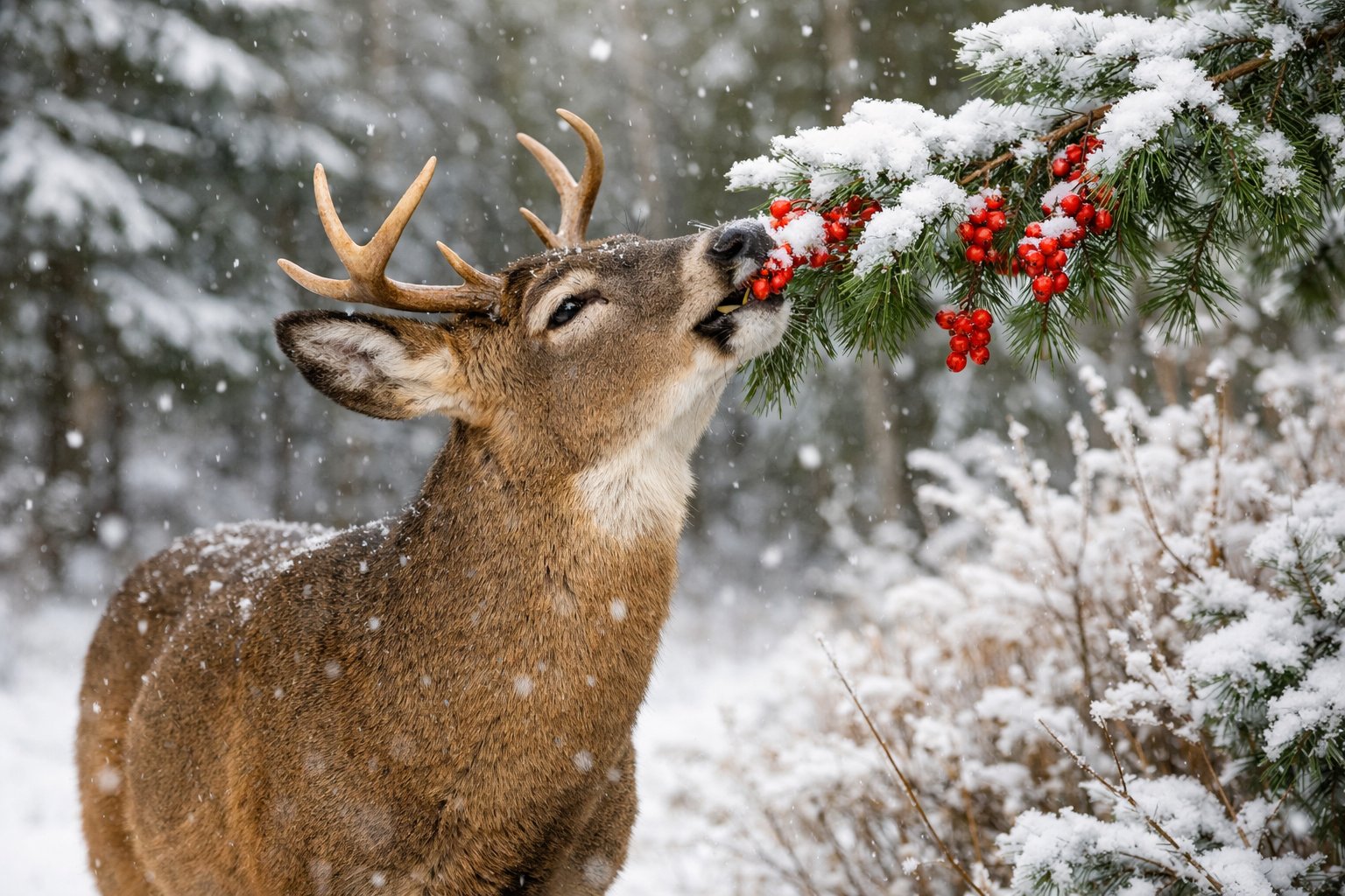 A deer eating red berries from a snow-covered branch in a winter forest.