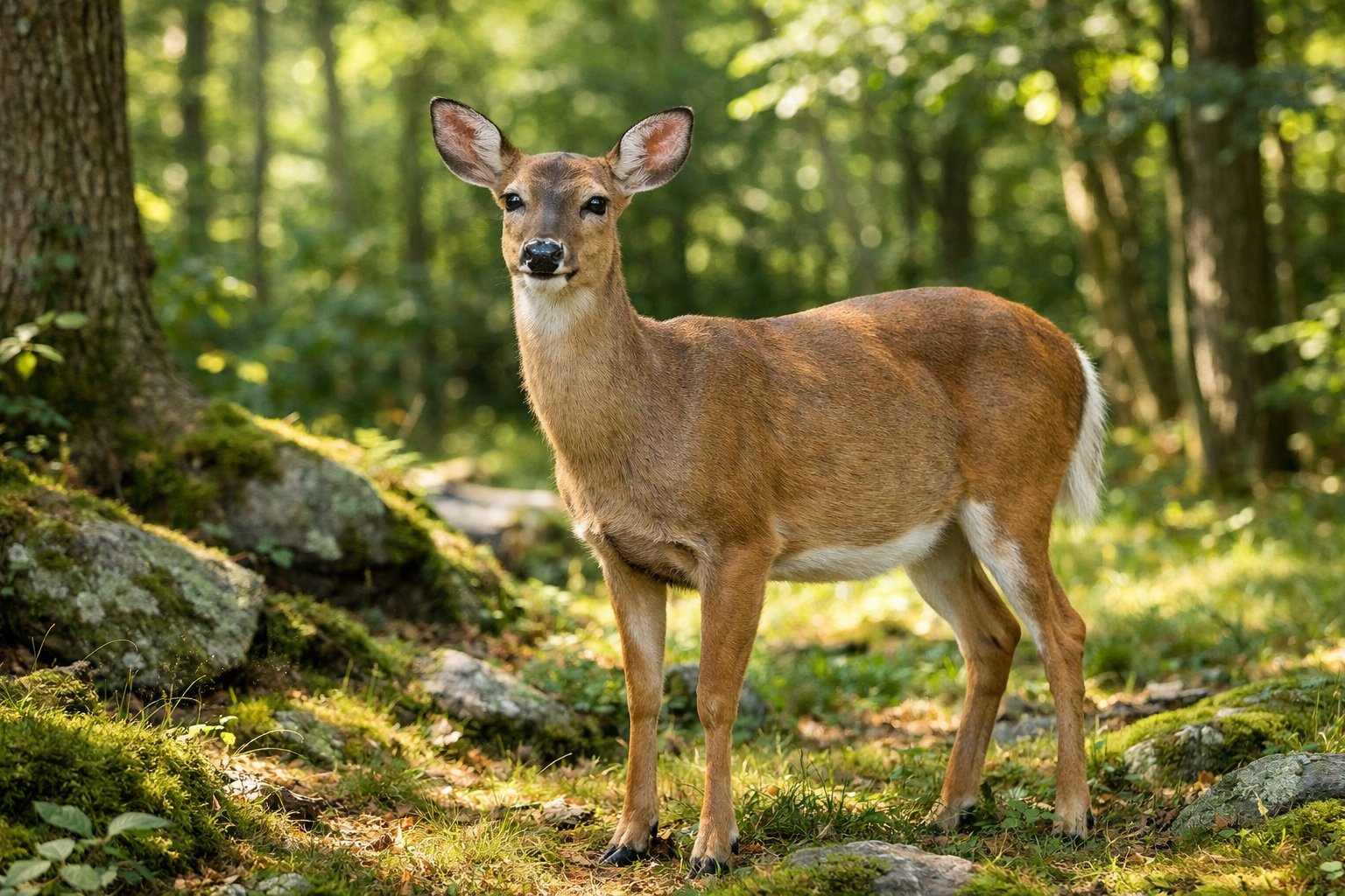 A deer standing peacefully in a sunlit forest clearing surrounded by green trees and moss.