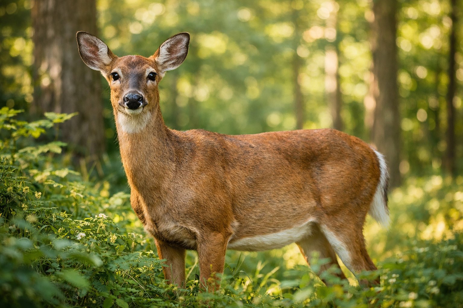 A calm deer standing in a sunlit forest surrounded by green trees and foliage.